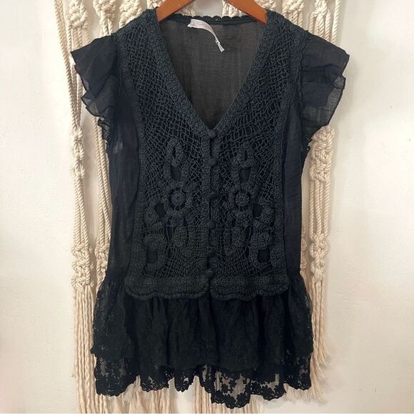 Pretty Angel SZ SM Black Linen Blend Crochet Lace Whimsygoth Boho Layering Top - Picture 1 of 7